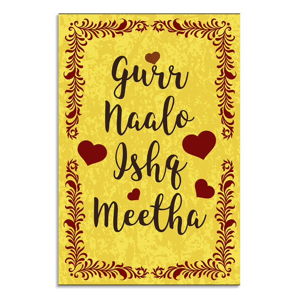 Yellow card with decorative text and hearts on a white background