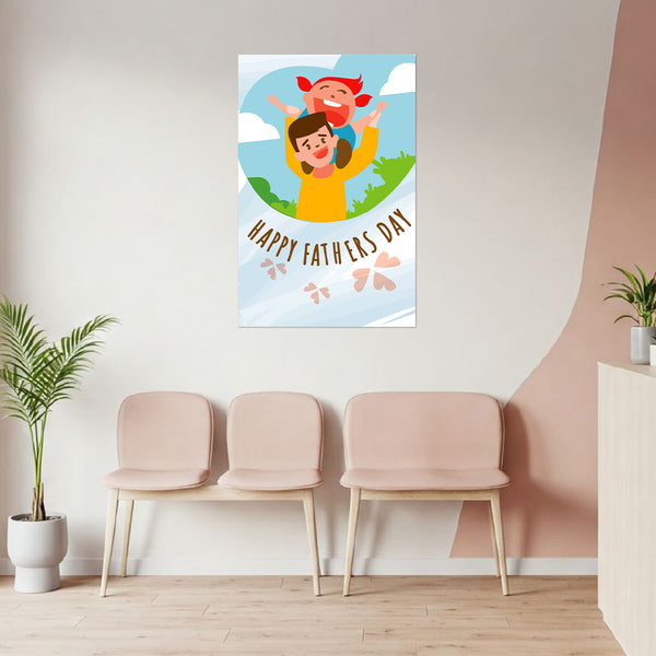 Fathers Day poster with a father and child on a wall above chairs.