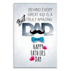 Father's Day card with text 'Behind every great kid is a truly amazing dad' and decorative elements on a light gray background.