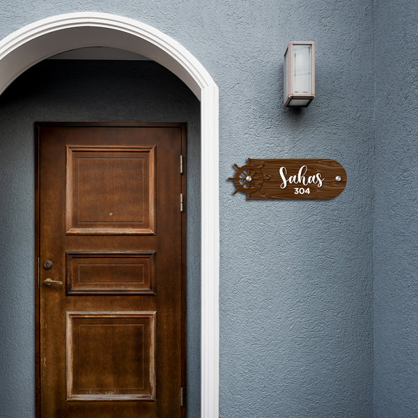 Rustic Wooden Ship Wheel Name Plate | Nautical Theme Door Sign for Flat Inspired by a ship’s steering wheel