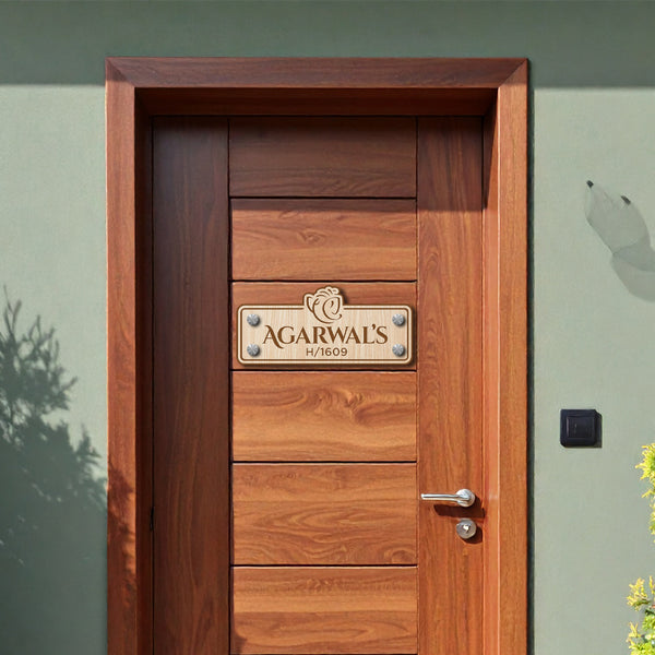 Lord Ganesha Wooden Theme Name Plate | Spiritual Wall Decor For Flats & Villas With House Number And Family Name Personalization