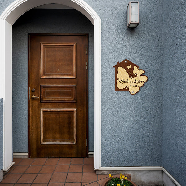 Butterfly House Shaped Premium Name Plate | Personalized Door Decor For Couples & Families