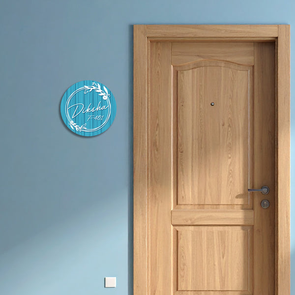 Blue Floral Round Name Plate | Custom Wall Art For Home Entrance, Door Sign For Flats, Apartments, And Villas