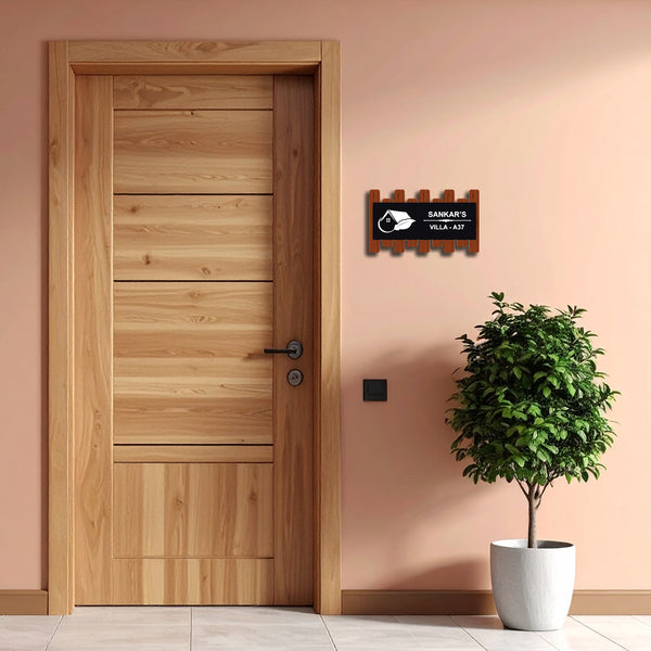 Modern Fence-Style Wooden Name Plate | Elegant Wall Decor With Personalized Name & Villa Number For Outdoor Or Indoor Use