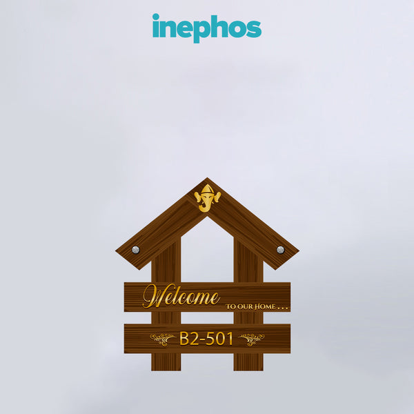 Welcome to Our Home Wooden House Shape Name Plate | Custom Flat Number & Family Name Plate with Ganesh Symbol | Decorative Home Entrance Board for Wall or Door