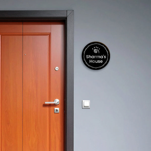 Black Round Acrylic Name Plate | Personalized Modern Door Name Plate in Black with White Text | Stylish Family Name Board