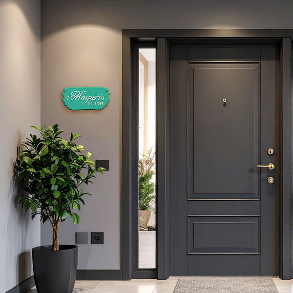 Fancy Custom Wall Name Plate | Elegant Teal Design with Script Font | Boutique or Shop Name Board for Wall | Stylish Personalized Acrylic Plate for Business Display