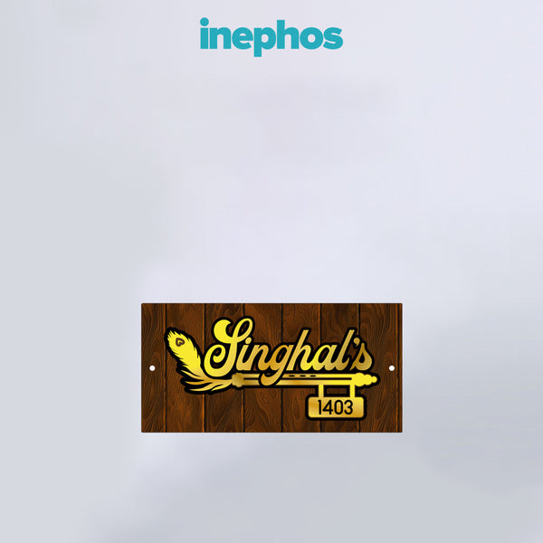 Golden Acrylic Name Plate With Feather Design | Personalized Wall Sign For Flats, Homes & Apartments, House Number Included