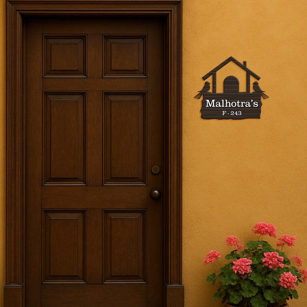 Birdhouse Style Wooden Name Plate for Home | Unique Wall Decor for Apartments & Flats