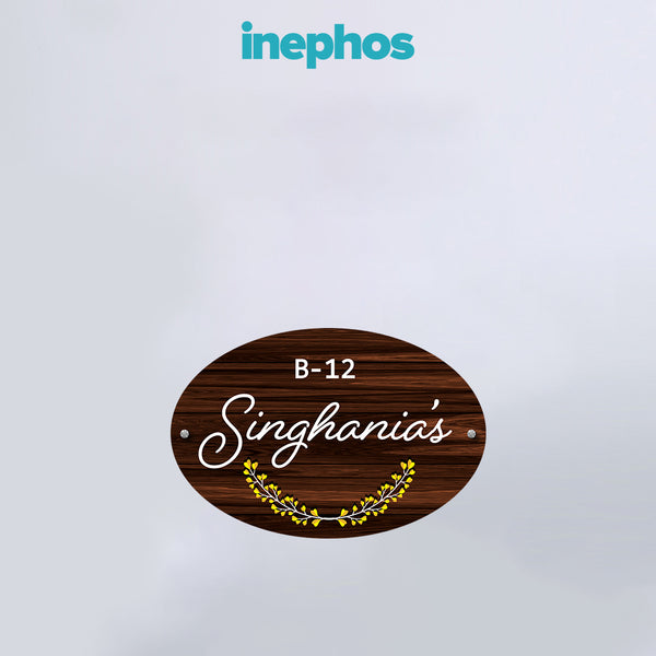 Oval Wooden Finish Name Plate | Personalized Door Name Board with Flat Number | Elegant Entrance Name Plate for Wall | Modern Home Décor for Flats & Villas