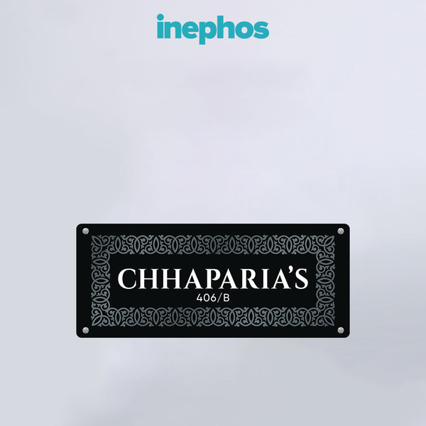 Modern Black Name Plate with Elegant Border | Personalized Home or Office Door Plate | Modern Rectangular Acrylic Name Board with House Number for Wall or Flat Entrance