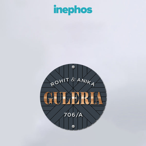 Grey Round Name Plate | Personalized Couple Name Board with Flat Number | Elegant Modern Acrylic Design for Door, Villa or Flat Entrance Wall Décor