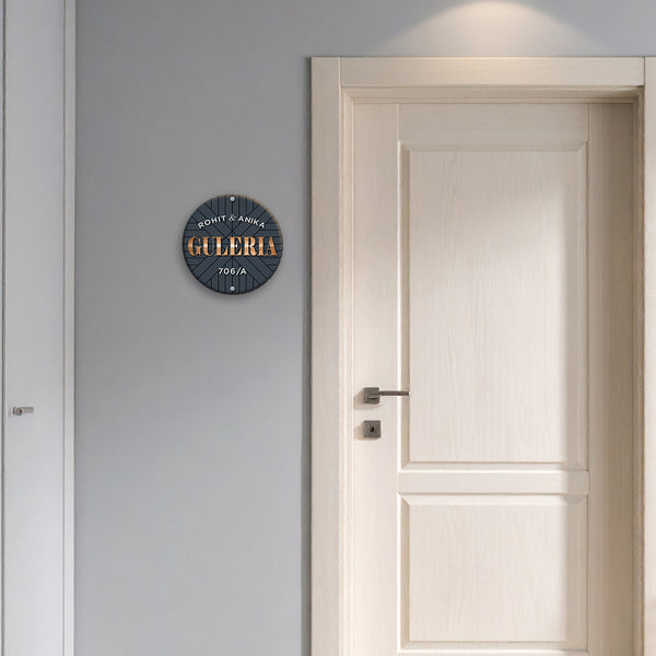 Grey Round Name Plate | Personalized Couple Name Board with Flat Number | Elegant Modern Acrylic Design for Door, Villa or Flat Entrance Wall Décor