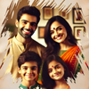 Family of four posing together with a decorative background
