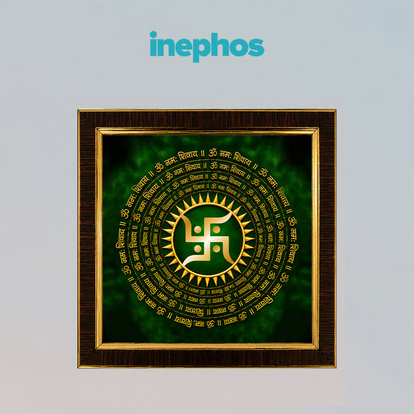Premium Swastik Wooden Photo Frame | Golden Swastik with Om Namah Shivaya Mandala | Vastu Spiritual Wall Decor