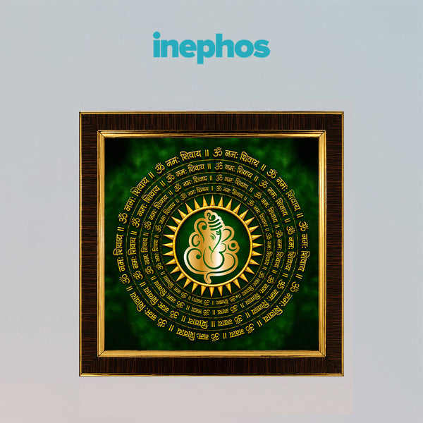 Premium Lord Ganesha Om Namah Shivaya Wooden Photo Frame | Sacred Green Mandala Wall Decor | Vastu Home & Office Decoration