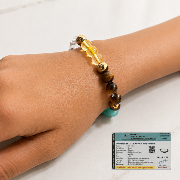 Dhan Yog Crystal Bracelet for Men & Women | Citrine, Tiger Eye, Green Jade, Green Aventurine, Sphatik, Pyrite & Hematite Crystals | Wealth, Good Luck & Positive Energy | Stretchable Crystal Bracelet
