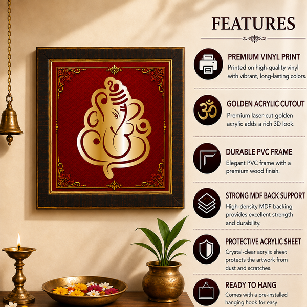 Golden Lord Ganesha Acrylic Photo Frame | Premium Ganpati Wall Decor | Elegant Spiritual Wall Frame for Home, Office & Pooja Room