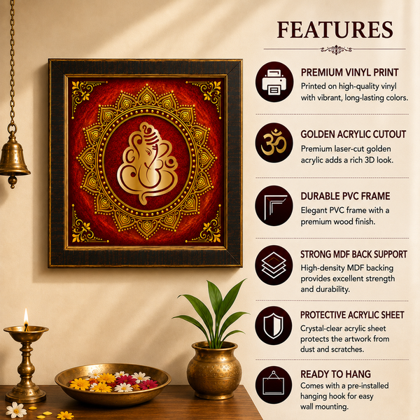 Golden Lord Ganesha Acrylic Photo Frame | Premium Ganpati Wall Decor | Spiritual Wall Frame for Home, Office & Pooja Room
