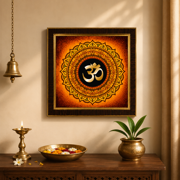 Premium Om Symbol Wooden Photo Frame | Golden OM Mandala Wall Decor | Vastu & Spiritual Home Decoration Frame