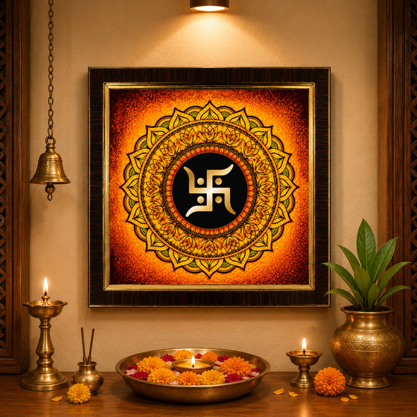 Premium Golden Swastik Mandala Wooden Photo Frame | Sacred Hindu Vastu Wall Decor | Spiritual Home & Office Frame