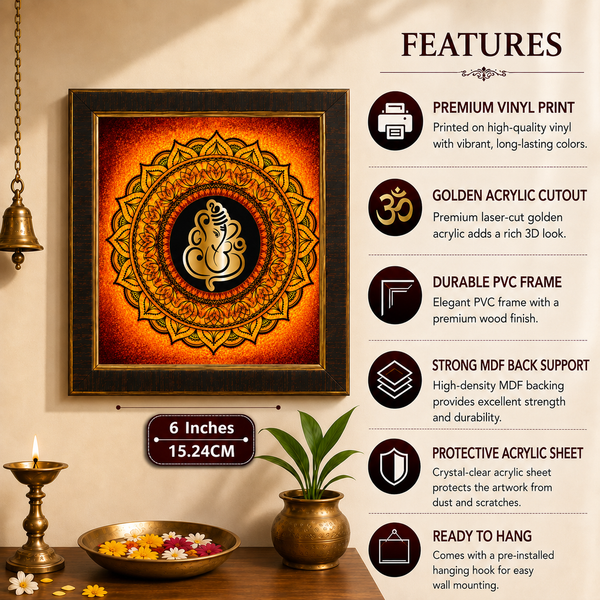 Premium Golden Lord Ganesha Wooden Photo Frame | Spiritual Mandala Wall Decor | Vastu Home & Office Decoration