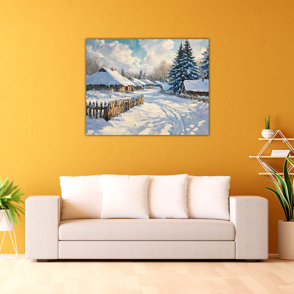 Snow-Covered Village Premium Canvas Painting for Living Room, Bedroom, Office, Hotels, Drawing Room