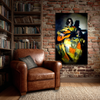 Man with Spanish Guitar Painting | Dramatic Musician in Yellow & Green Robe Canvas Portrait for Home Library & Studio | Artistic Abstract Wall Art for Music Lovers & Creative Spaces