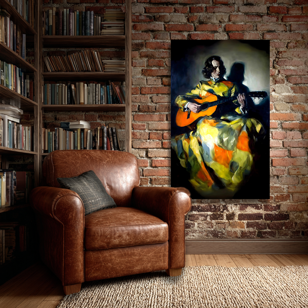 Man with Spanish Guitar Painting | Dramatic Musician in Yellow & Green Robe Canvas Portrait for Home Library & Studio | Artistic Abstract Wall Art for Music Lovers & Creative Spaces