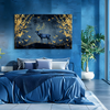 Golden Antler Deer Painting | Elegant Wildlife Canvas with Birds | Blue & Gold Midnight Forest Wall Art for Living Room & Vastu Decor