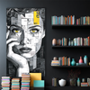 Modern Woman Face Painting | Bold Edgy Black & White Abstract Canvas | Contemporary Aesthetic Yellow Eye Pop Wall Art Portrait for Living Room Décor