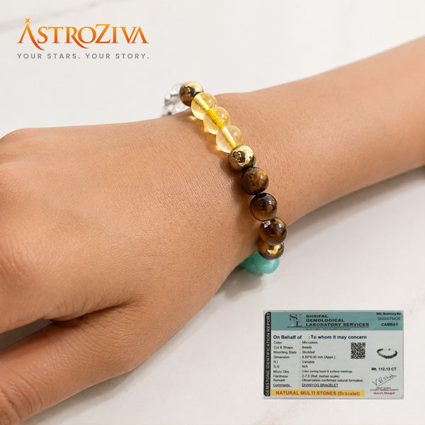AstroZiva Dhan Yog Crystal Bracelet for Men & Women | Citrine, Tiger Eye, Green Jade, Green Aventurine, Sphatik, Pyrite & Hematite Crystals | Wealth, Good Luck & Positive Energy | Stretchable Crystal Bracelet