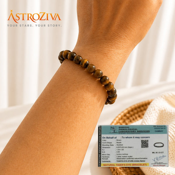 AstroZiva Tiger Eye Stone Bracelet for Men & Women | Natural Tiger Eye Crystal Beads | Good Luck, Confidence & Positive Energy | Stretchable Crystal Bracelet