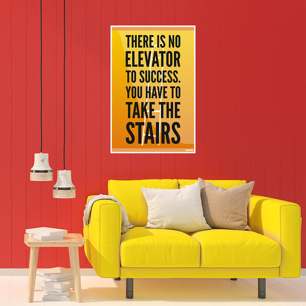 There Is No Elevator to Success | Yellow Motivational Quote Poster | Inspiring Wall Art for Study, Office & Gym Decor