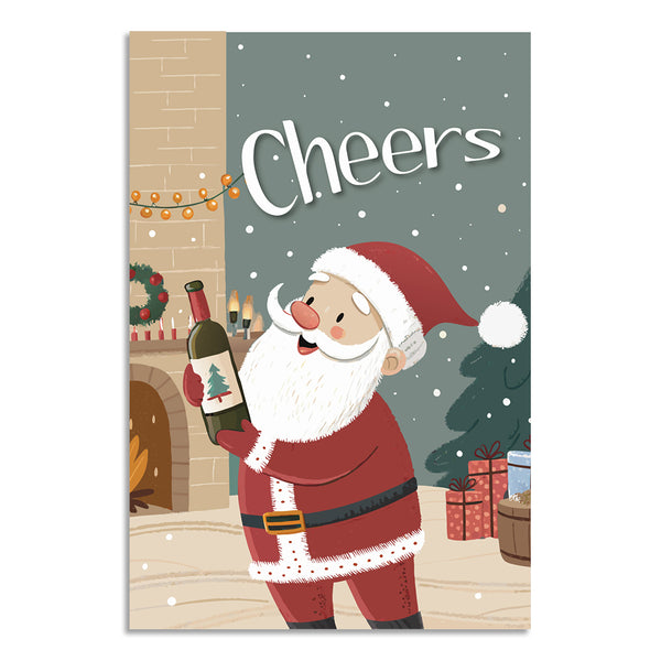 Cute Christmas Santa Cheers Poster | Festive Holiday Wall Art with Santa Holding Wine Bottle | Cozy Christmas Décor