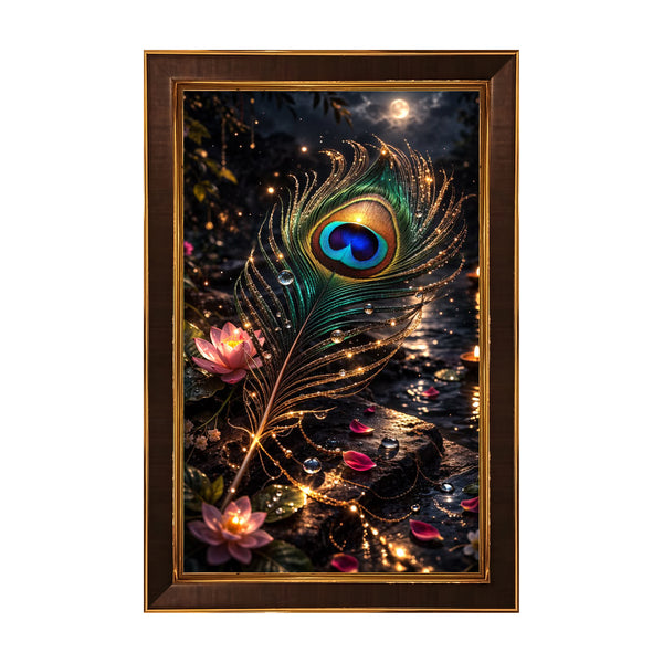 Peacock Feather Framed Poster | Krishna Mor Pankh Spiritual Wall Art for Positive Energy, Wealth & Harmony | Lotus Moonlight Vastu Décor