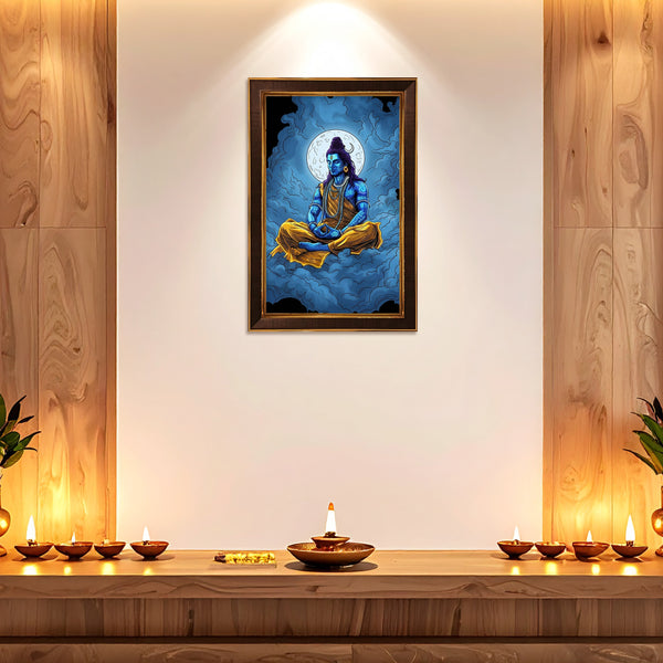 Meditating Lord Shiva Framed Poster | Mahadev Moon Wall Art for Peace, Calm & Positive Energy | Spiritual Vastu Décor