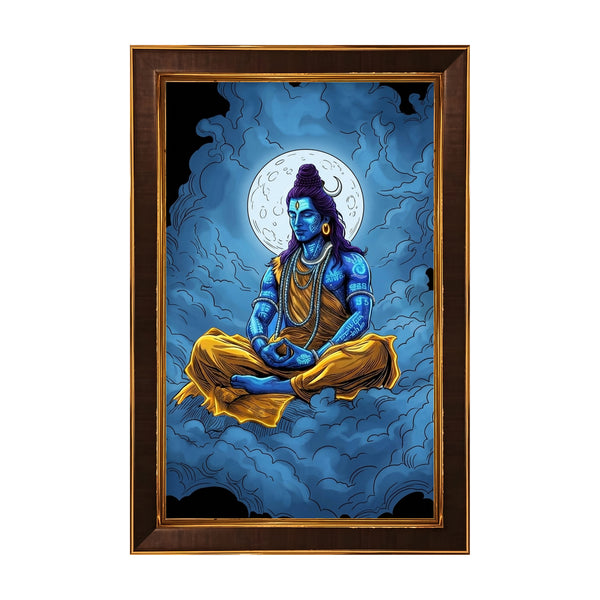 Meditating Lord Shiva Framed Poster | Mahadev Moon Wall Art for Peace, Calm & Positive Energy | Spiritual Vastu Décor