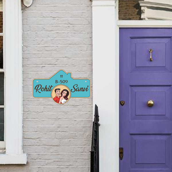 Couple’s House Name Plate With Cartoon Portrait | Personalized Wedding Gift Or Door Plate For Flats