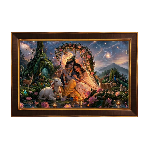 Radha Krishna Framed Poster | Divine Couple Wall Art for Love, Harmony & Positive Energy | Krishna Flute Nature Scene Spiritual Vastu Décor