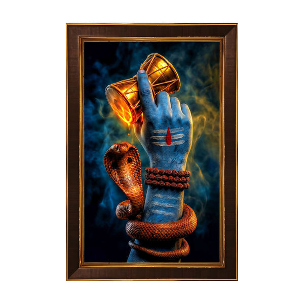 Lord Shiva Damru Framed Poster | Mahadev Power Wall Art with Trinetra & Rudraksha for Protection, Strength & Positive Energy
