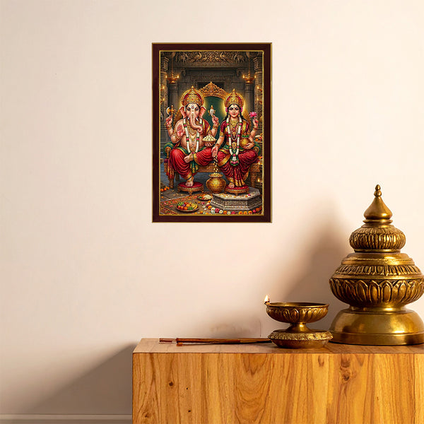 Lakshmi Ganesh Ji Photo Frame | Divine Wealth, Prosperity & Success Wall Decor | Spiritual Vastu Artwork for Home, Office & Temple | Auspicious Lakshmi Ganpati Wooden Photo Frame
