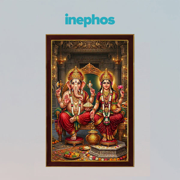 Lakshmi Ganesh Ji Photo Frame | Divine Wealth, Prosperity & Success Wall Decor | Spiritual Vastu Artwork for Home, Office & Temple | Auspicious Lakshmi Ganpati Wooden Photo Frame
