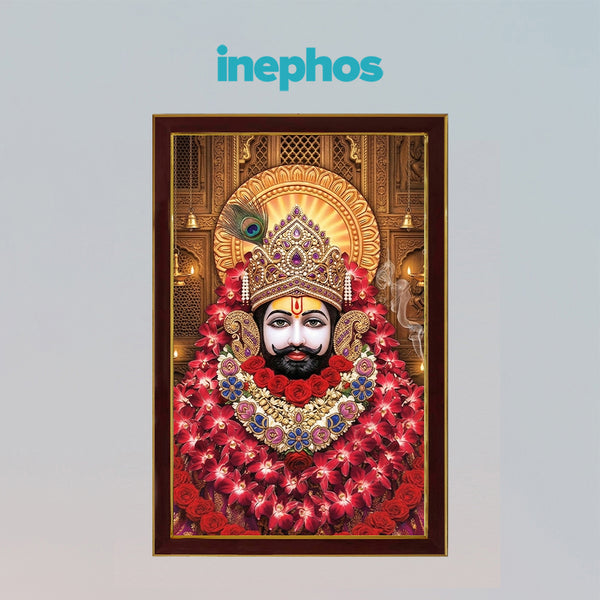 Khatu Shyam Ji Floral Blessings Photo Frame | Divine Baba Shyam Wall Decor for Home, Office & Temple | Sacred Spiritual Wooden Photo Frame