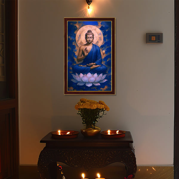 Vastu Meditating Buddha Photo Frame | Peaceful Buddha Wall Decor for Home, Office & Meditation Room | Spiritual Wooden Photo Frame