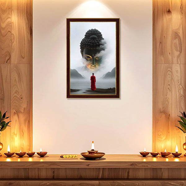 Buddha Photo Frame for Home Decor | Peaceful Meditation Wall Art with Monk & Giant Buddha Face Design | Spiritual Wooden Photo Frame for Living Room, Office, Yoga & Zen Spaces