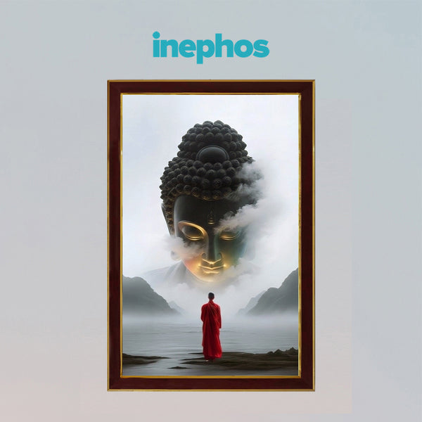 Buddha Photo Frame for Home Decor | Peaceful Meditation Wall Art with Monk & Giant Buddha Face Design | Spiritual Wooden Photo Frame for Living Room, Office, Yoga & Zen Spaces