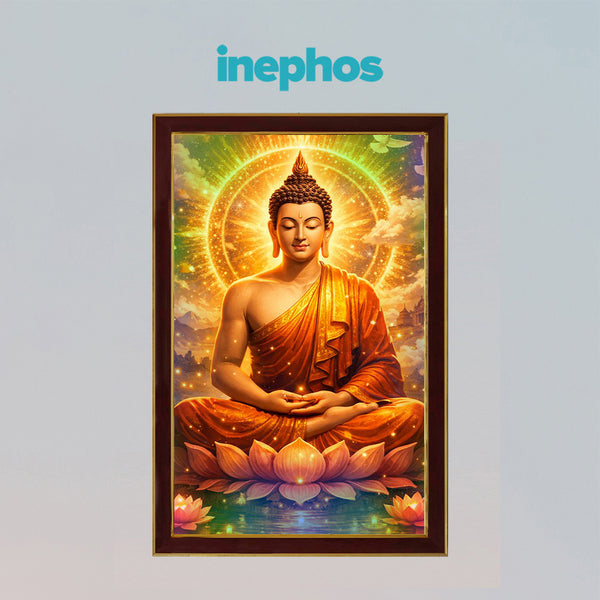 Radiant Buddha Photo Frame for Home Decor | Golden Meditation Buddha Wall Art with Lotus & Divine Aura Design | Spiritual Wooden Photo Frame