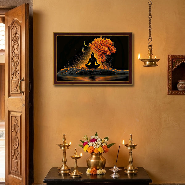 Meditating Lord Shiva Photo Frame for Home Decor | Divine Mahadev Meditation Wall Art with Trishul, Crescent Moon & Sacred Tree