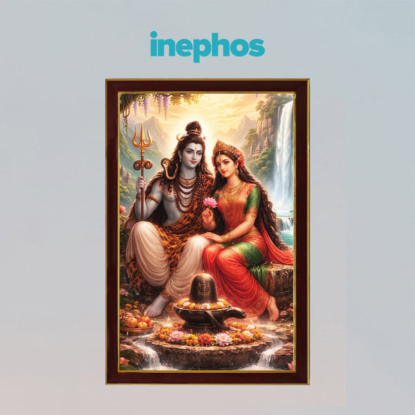 Lord Shiva Parvati Photo Frame for Home Decor | Divine Shiv Parvati with Shivling Spiritual Wall Art | Premium Wooden Framed